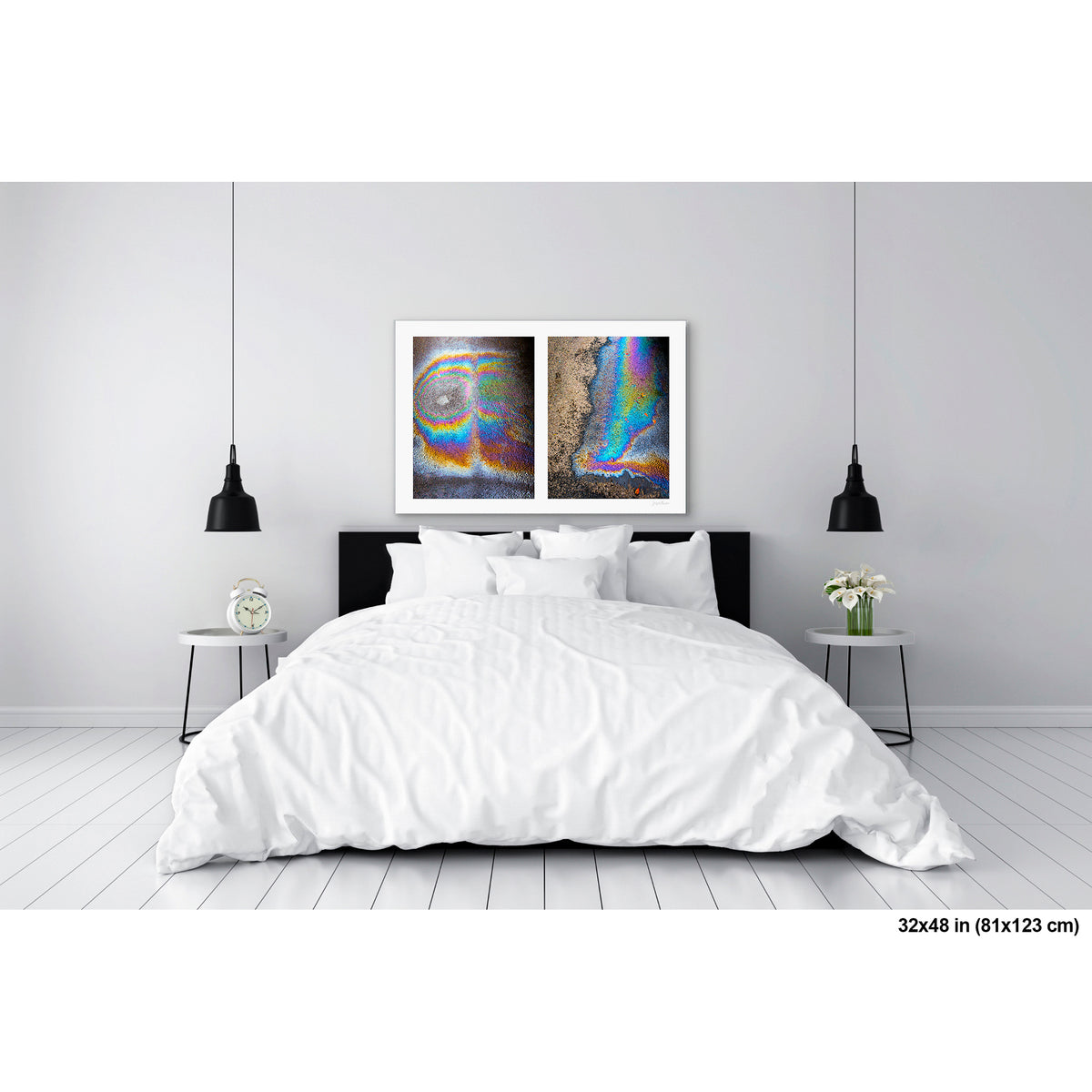 Oil Spill Pair artwork by Susan Bowen, shown as 32x48 print. Features iridescent oil spills on wet asphalt photographed as vivid abstract diptych, cycling through rainbow hues of blue, gold, and violet.