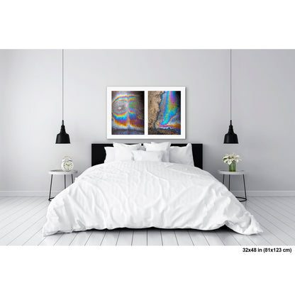 Oil Spill Pair artwork by Susan Bowen, shown as 32x48 print. Features iridescent oil spills on wet asphalt photographed as vivid abstract diptych, cycling through rainbow hues of blue, gold, and violet.