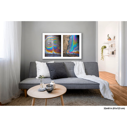 Oil Spill Pair artwork by Susan Bowen, shown as 32x48 print. Features iridescent oil spills on wet asphalt photographed as vivid abstract diptych, cycling through rainbow hues of blue, gold, and violet.