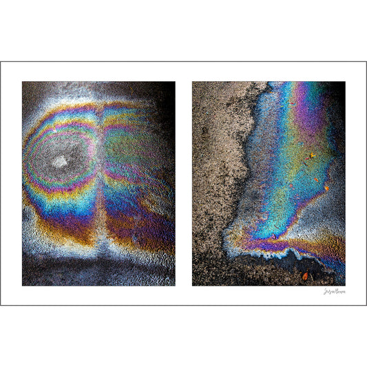 Oil Spill Pair artwork by Susan Bowen. Features iridescent oil spills on wet asphalt photographed as vivid abstract diptych, cycling through rainbow hues of blue, gold, and violet.