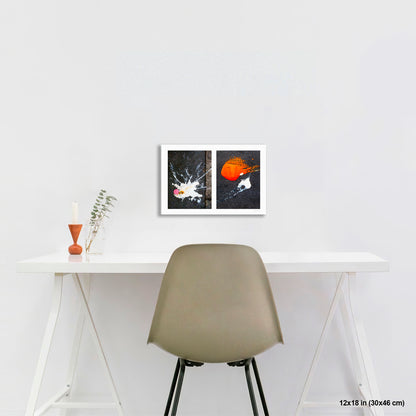 Dropped Cream and Orange Glob artwork by Susan Bowen, shown as 12x18 print. Features abstract diptych pairing a radiant white splatter with a bold orange paint spill on city pavement, two accidental forms in vivid contrast.