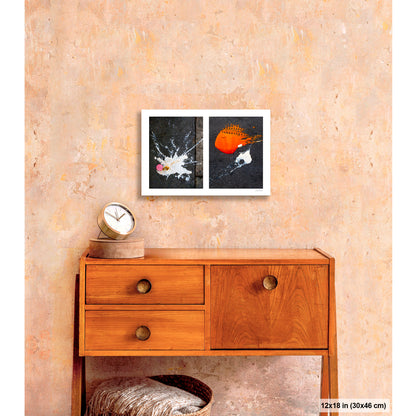 Dropped Cream and Orange Glob artwork by Susan Bowen, shown as 12x18 print. Features abstract diptych pairing a radiant white splatter with a bold orange paint spill on city pavement, two accidental forms in vivid contrast.