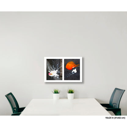 Dropped Cream and Orange Glob artwork by Susan Bowen, shown as 16x24 print. Features abstract diptych pairing a radiant white splatter with a bold orange paint spill on city pavement, two accidental forms in vivid contrast.