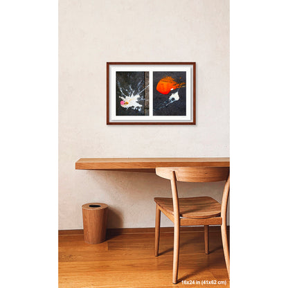 Dropped Cream and Orange Glob artwork by Susan Bowen, shown as 16x24 framed print. Features abstract diptych pairing a radiant white splatter with a bold orange paint spill on city pavement, two accidental forms in vivid contrast.
