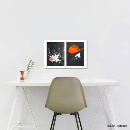 Dropped Cream and Orange Glob artwork by Susan Bowen, shown as 16x24 print. Features abstract diptych pairing a radiant white splatter with a bold orange paint spill on city pavement, two accidental forms in vivid contrast.