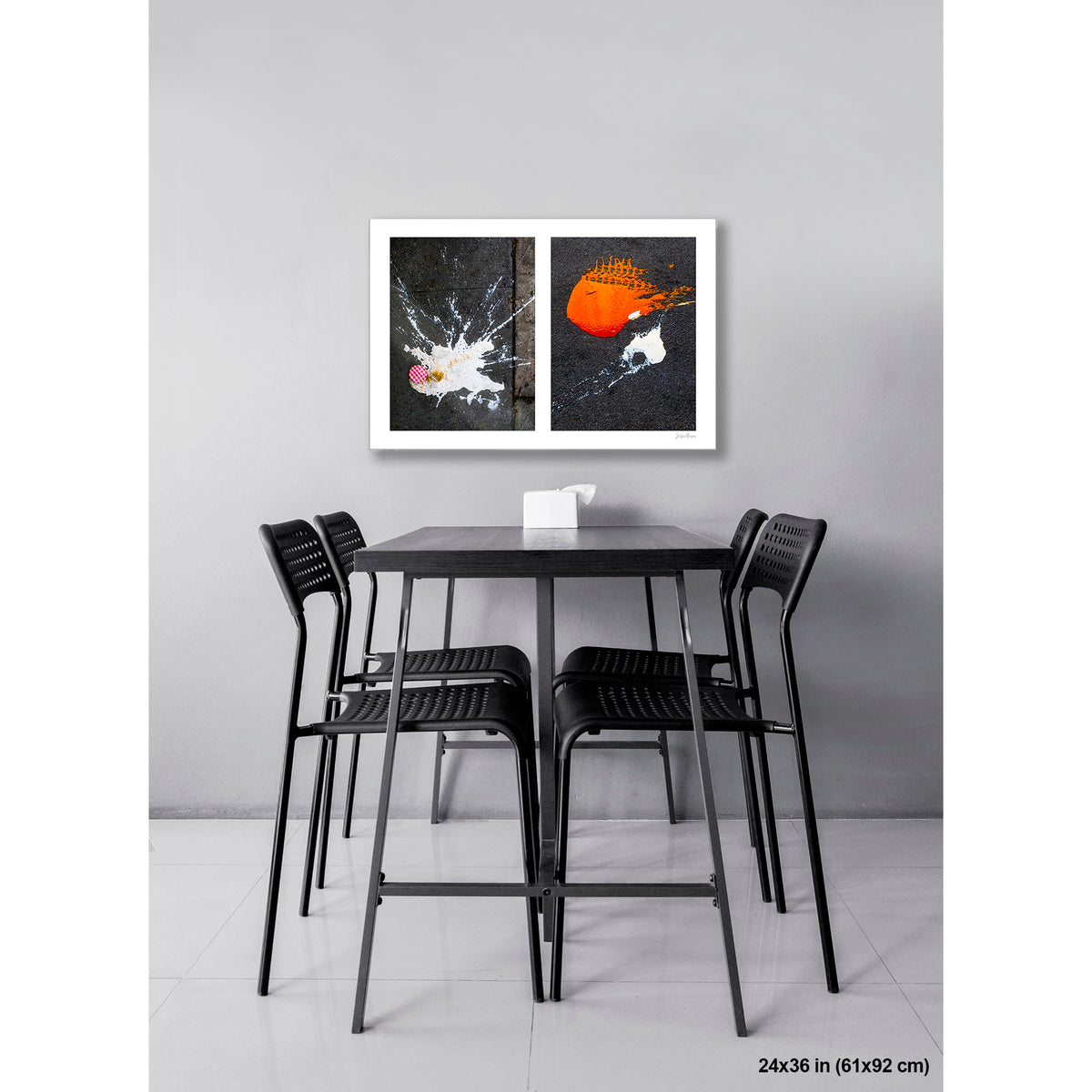 Dropped Cream and Orange Glob artwork by Susan Bowen, shown as 24x36 print. Features abstract diptych pairing a radiant white splatter with a bold orange paint spill on city pavement, two accidental forms in vivid contrast.