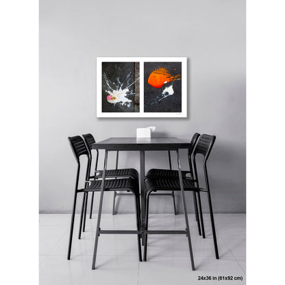 Dropped Cream and Orange Glob artwork by Susan Bowen, shown as 24x36 print. Features abstract diptych pairing a radiant white splatter with a bold orange paint spill on city pavement, two accidental forms in vivid contrast.