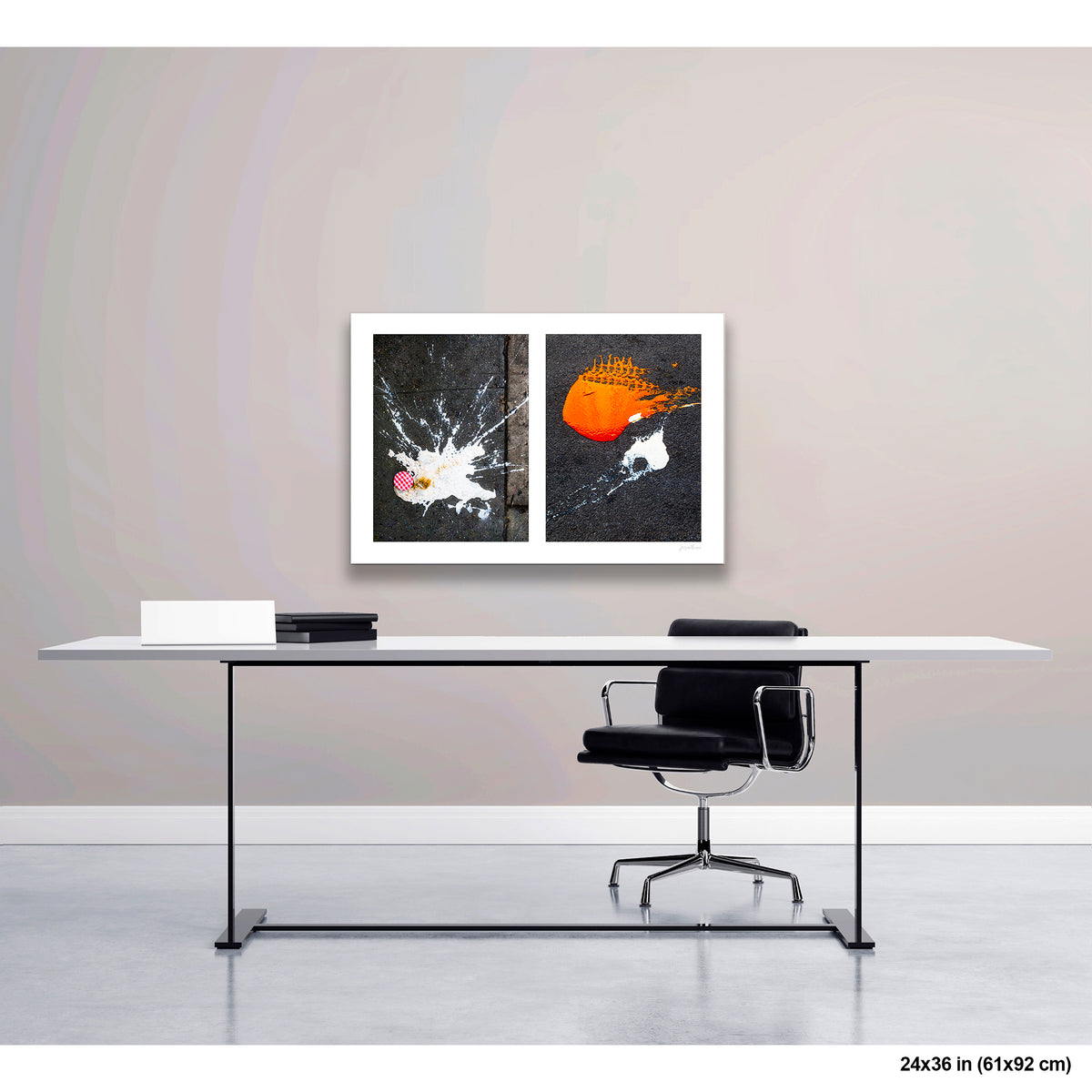 Dropped Cream and Orange Glob artwork by Susan Bowen, shown as 24x36 print. Features abstract diptych pairing a radiant white splatter with a bold orange paint spill on city pavement, two accidental forms in vivid contrast.