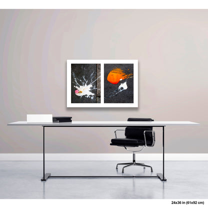 Dropped Cream and Orange Glob artwork by Susan Bowen, shown as 24x36 print. Features abstract diptych pairing a radiant white splatter with a bold orange paint spill on city pavement, two accidental forms in vivid contrast.