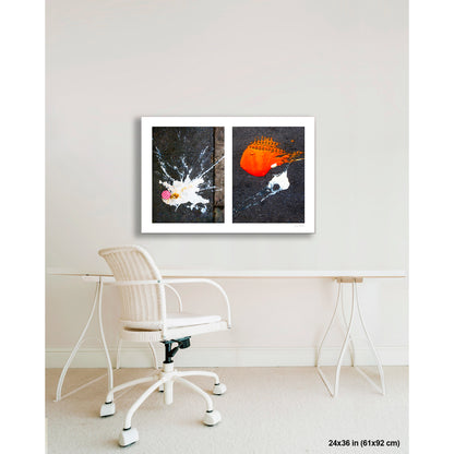 Dropped Cream and Orange Glob artwork by Susan Bowen, shown as 24x36 print. Features abstract diptych pairing a radiant white splatter with a bold orange paint spill on city pavement, two accidental forms in vivid contrast.