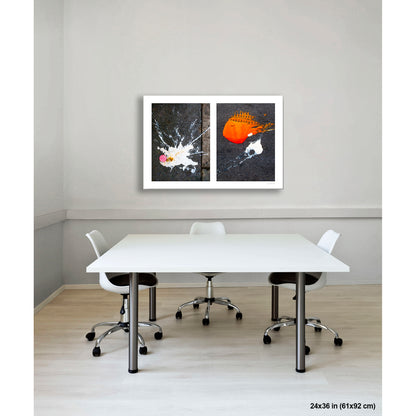 Dropped Cream and Orange Glob artwork by Susan Bowen, shown as 24x36 print. Features abstract diptych pairing a radiant white splatter with a bold orange paint spill on city pavement, two accidental forms in vivid contrast.