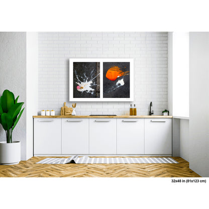 Dropped Cream and Orange Glob artwork by Susan Bowen, shown as 32x48 print. Features abstract diptych pairing a radiant white splatter with a bold orange paint spill on city pavement, two accidental forms in vivid contrast.