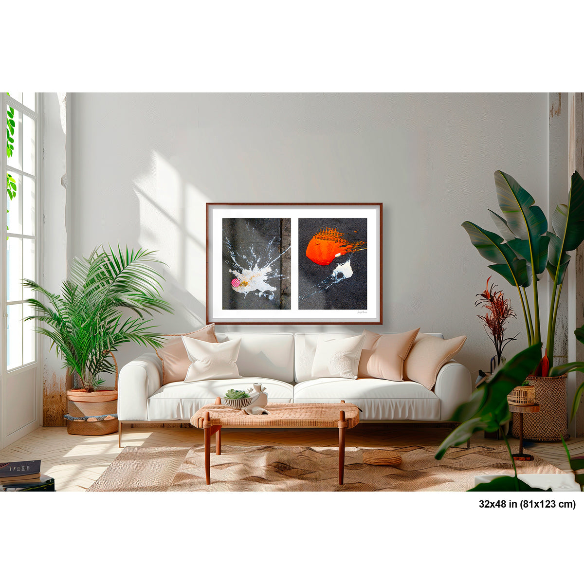 Dropped Cream and Orange Glob artwork by Susan Bowen, shown as 32x48 framed print. Features abstract diptych pairing a radiant white splatter with a bold orange paint spill on city pavement, two accidental forms in vivid contrast.
