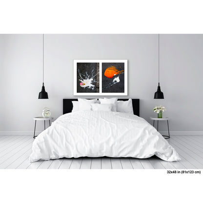 Dropped Cream and Orange Glob artwork by Susan Bowen, shown as 32x48 print. Features abstract diptych pairing a radiant white splatter with a bold orange paint spill on city pavement, two accidental forms in vivid contrast.