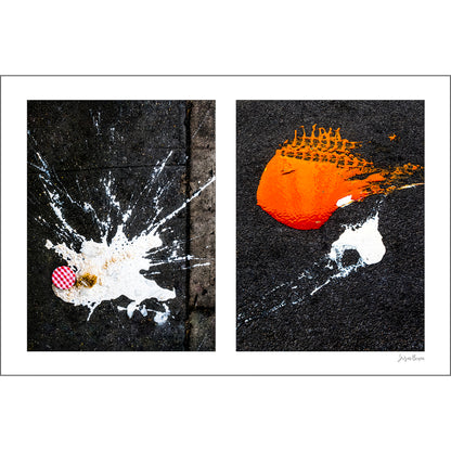 Dropped Cream and Orange Glob artwork by Susan Bowen. Features abstract diptych pairing a radiant white splatter with a bold orange paint spill on city pavement, two accidental forms in vivid contrast.