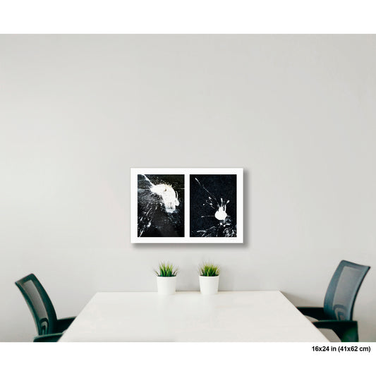 Conversing White Blobs artwork by Susan Bowen, shown as 16x24 print. Features high-contrast diptych of two white paint forms on black asphalt—one gestural mass, one compact bloom—in pure monochrome abstraction.