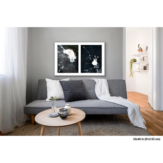Conversing White Blobs artwork by Susan Bowen, shown as 32x48 print. Features high-contrast diptych of two white paint forms on black asphalt—one gestural mass, one compact bloom—in pure monochrome abstraction.