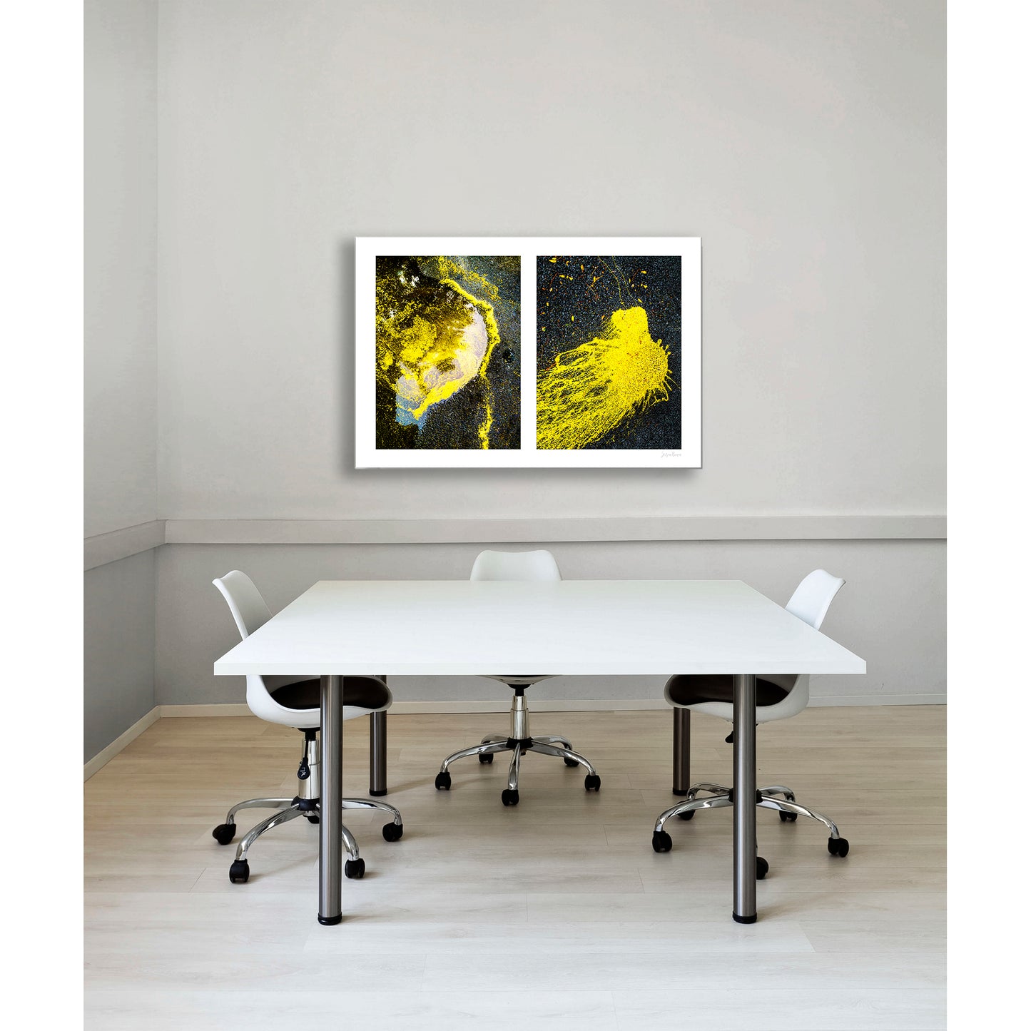 Spills Diptych #07(t): Yellow in Water and Fleeing Bug