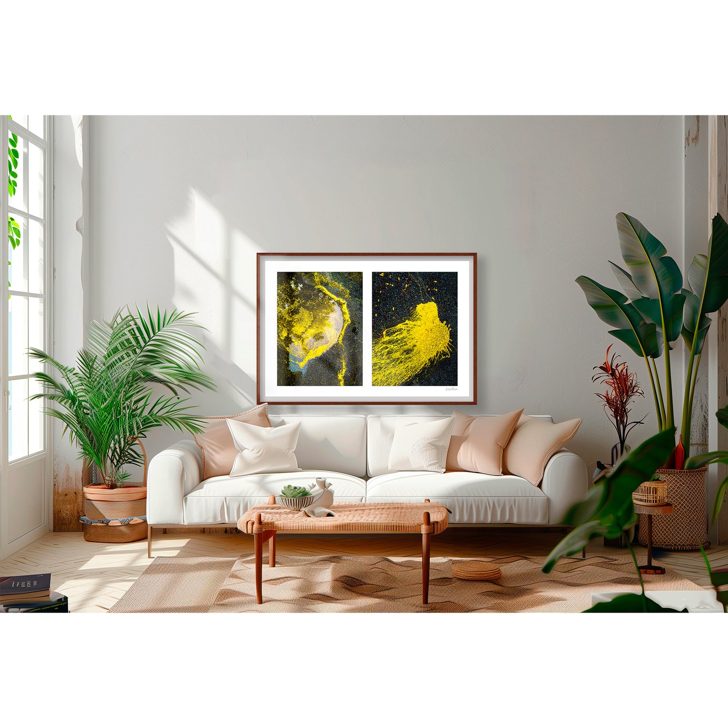 Spills Diptych #07(t): Yellow in Water and Fleeing Bug