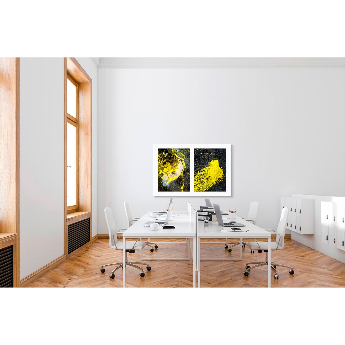 Spills Diptych #07(t): Yellow in Water and Fleeing Bug