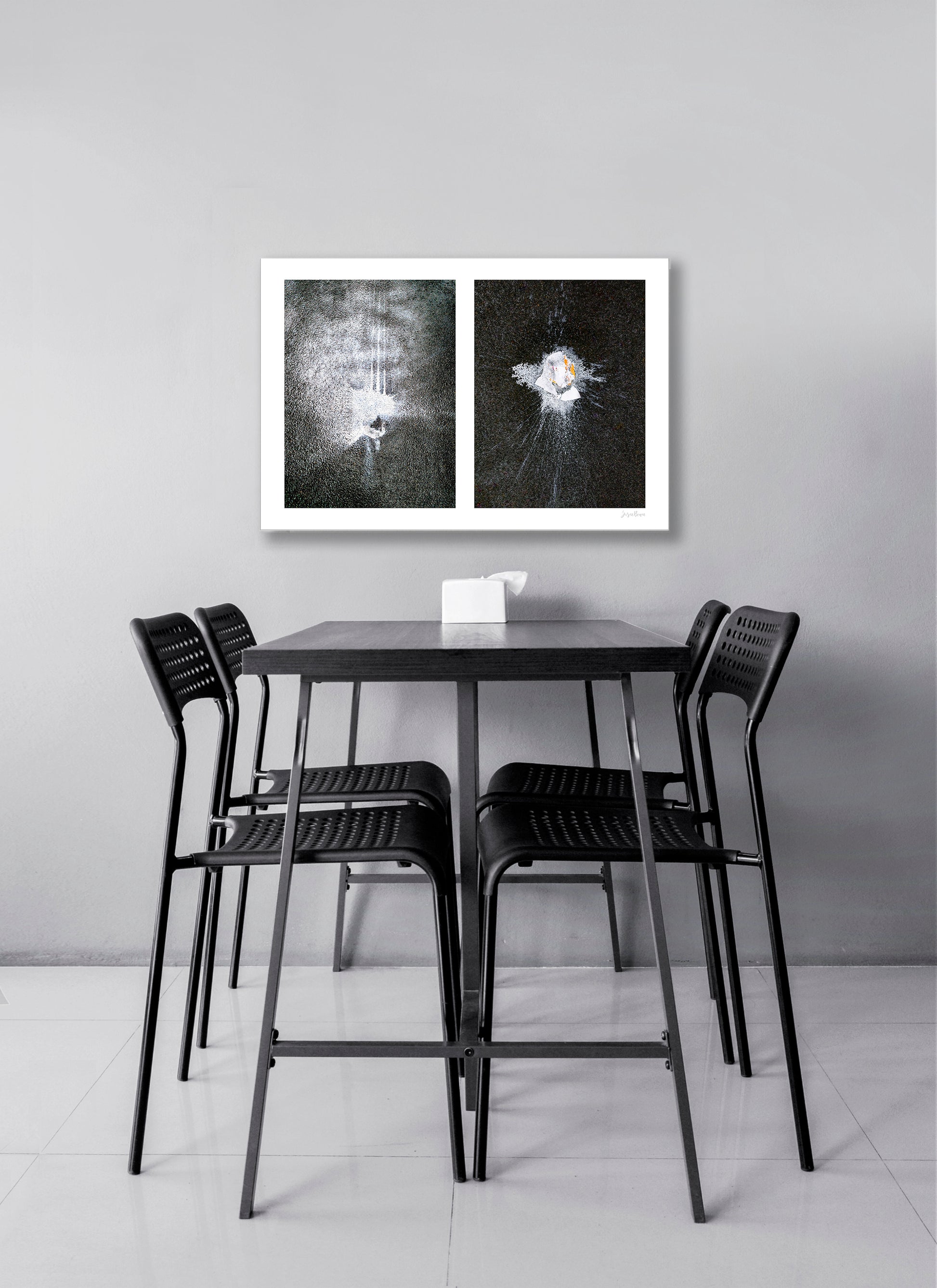 Abstraction of spills found on the ground (white splashes)