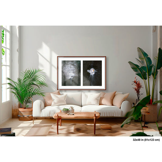 Splatters in White with Cup artwork by Susan Bowen, shown as 32x48 framed print. Features a luminous paint wash and an explosive cup splatter on dark asphalt—a diptych of impact, energy, and abstract form on the street.
