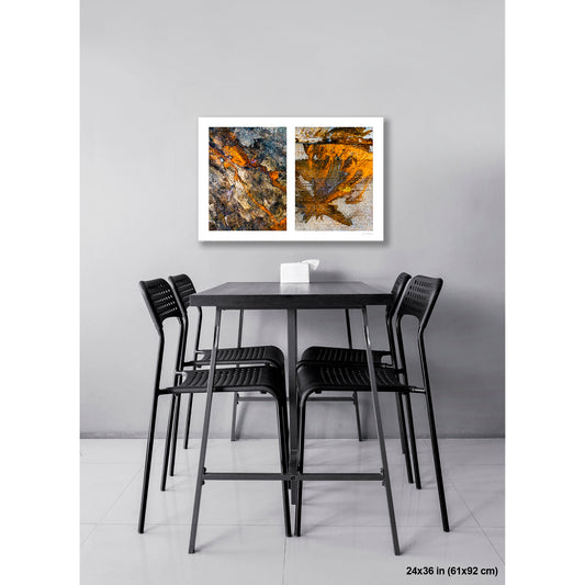 Coffee Ground Abstract artwork by Susan Bowen, shown as 24x36 print. Features coffee grounds stain city pavement in warm amber and orange tones—an abstract diptych of gestural organic forms on urban surfaces.