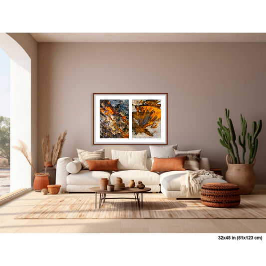Coffee Ground Abstract artwork by Susan Bowen, shown as 32x48 framed print. Features coffee grounds stain city pavement in warm amber and orange tones—an abstract diptych of gestural organic forms on urban surfaces.