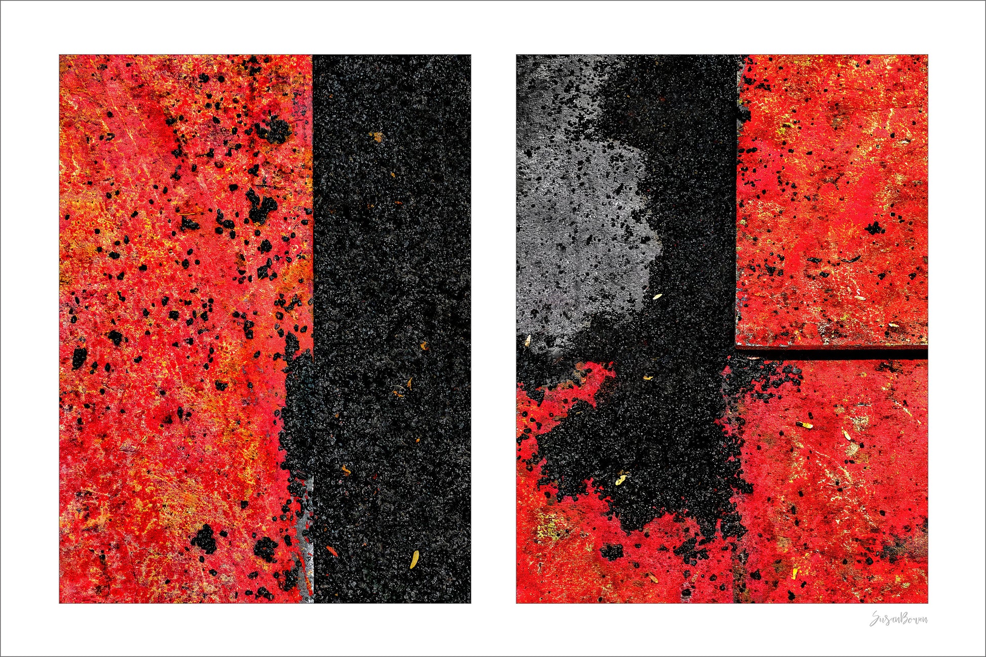 Abstract photograph diptych of red road steel plates