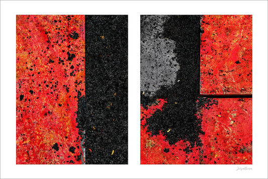 Abstract photograph diptych of red road steel plates