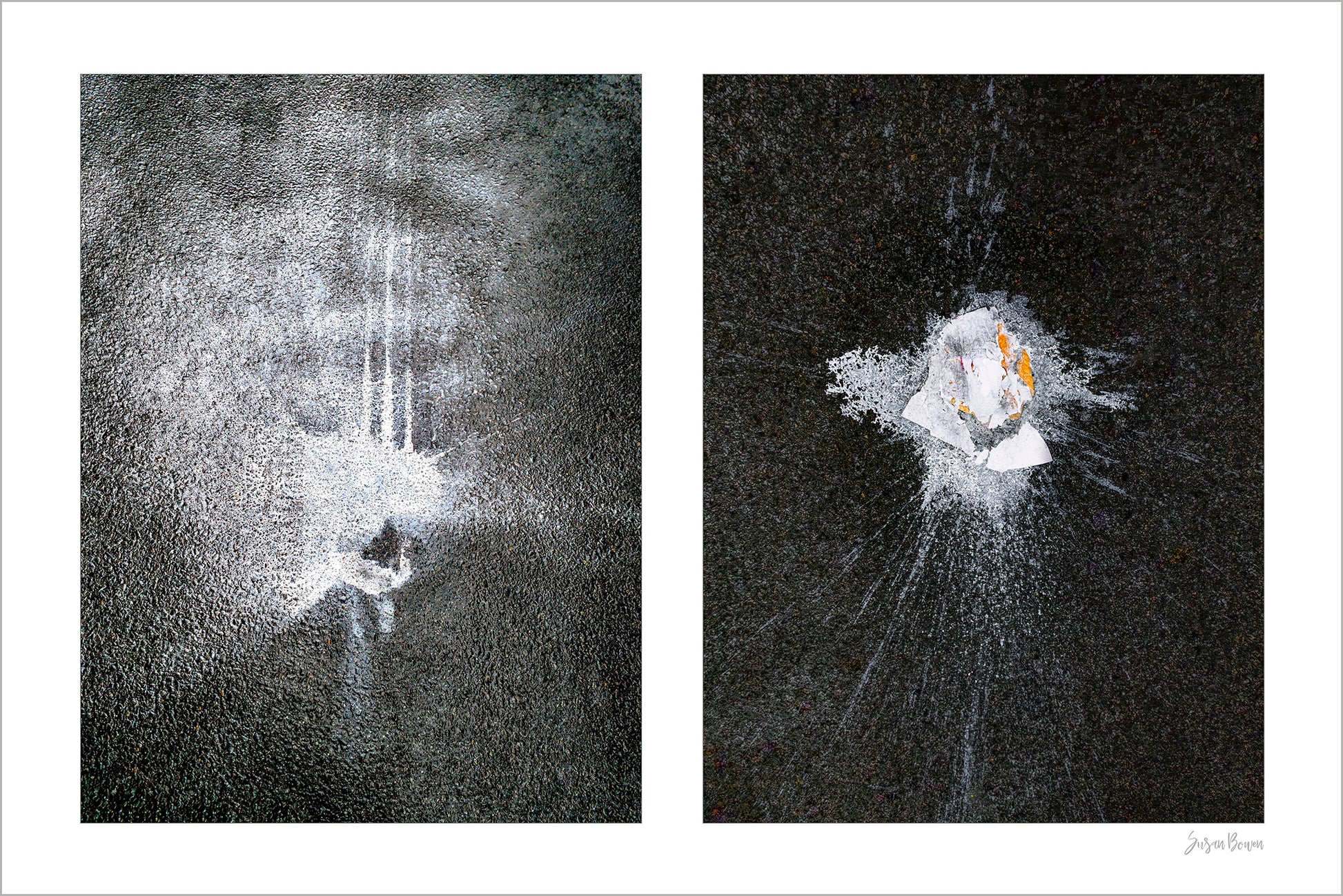 Abstraction of spills found on the ground (white splashes)