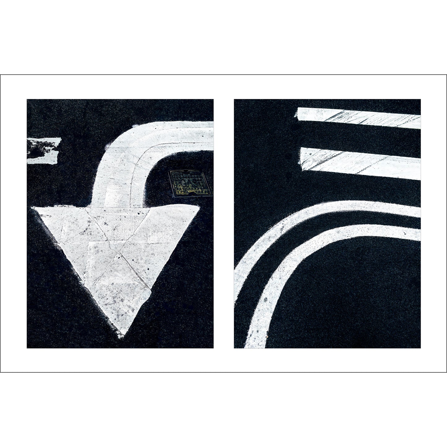 Abstract photograph diptych of white arrow and street lines