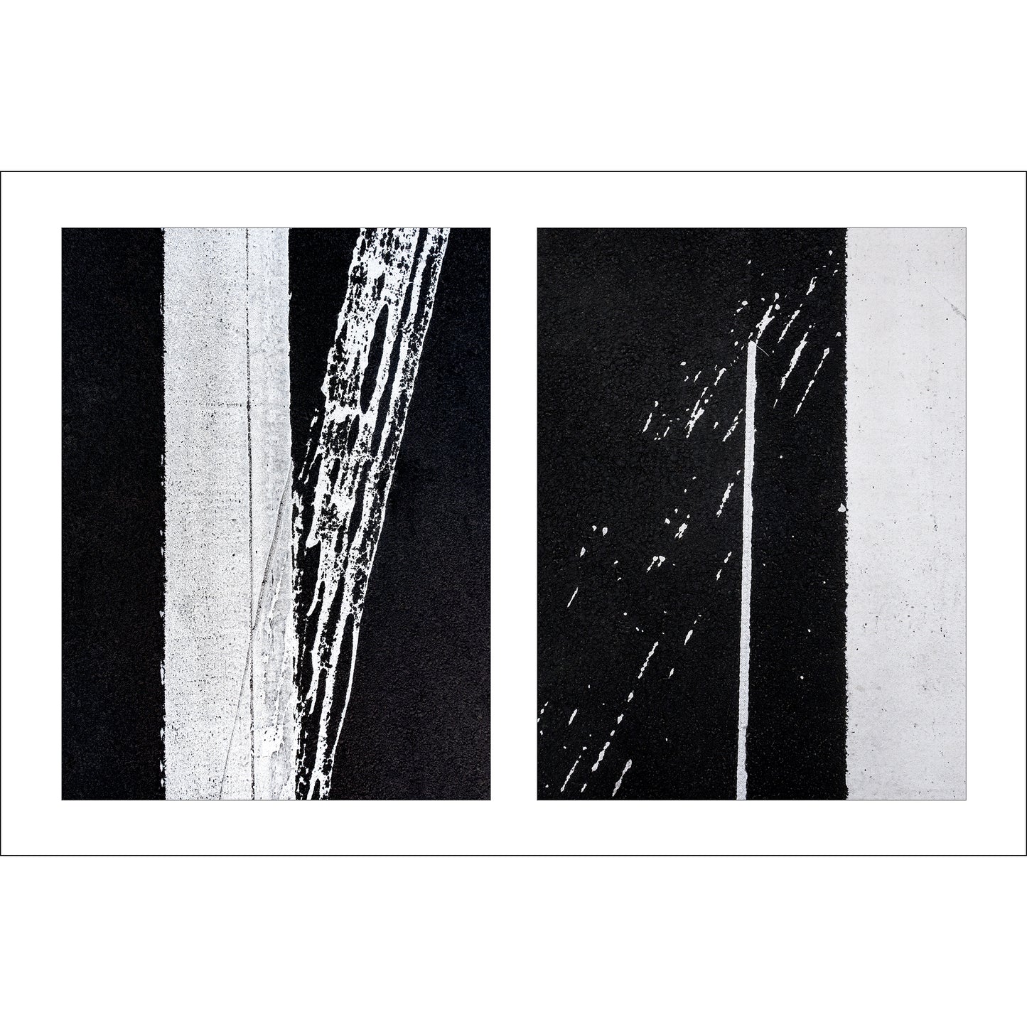 Abstract photograph diptych of white street line accidents