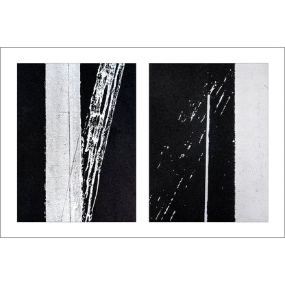 Abstract photograph diptych of white street line accidents