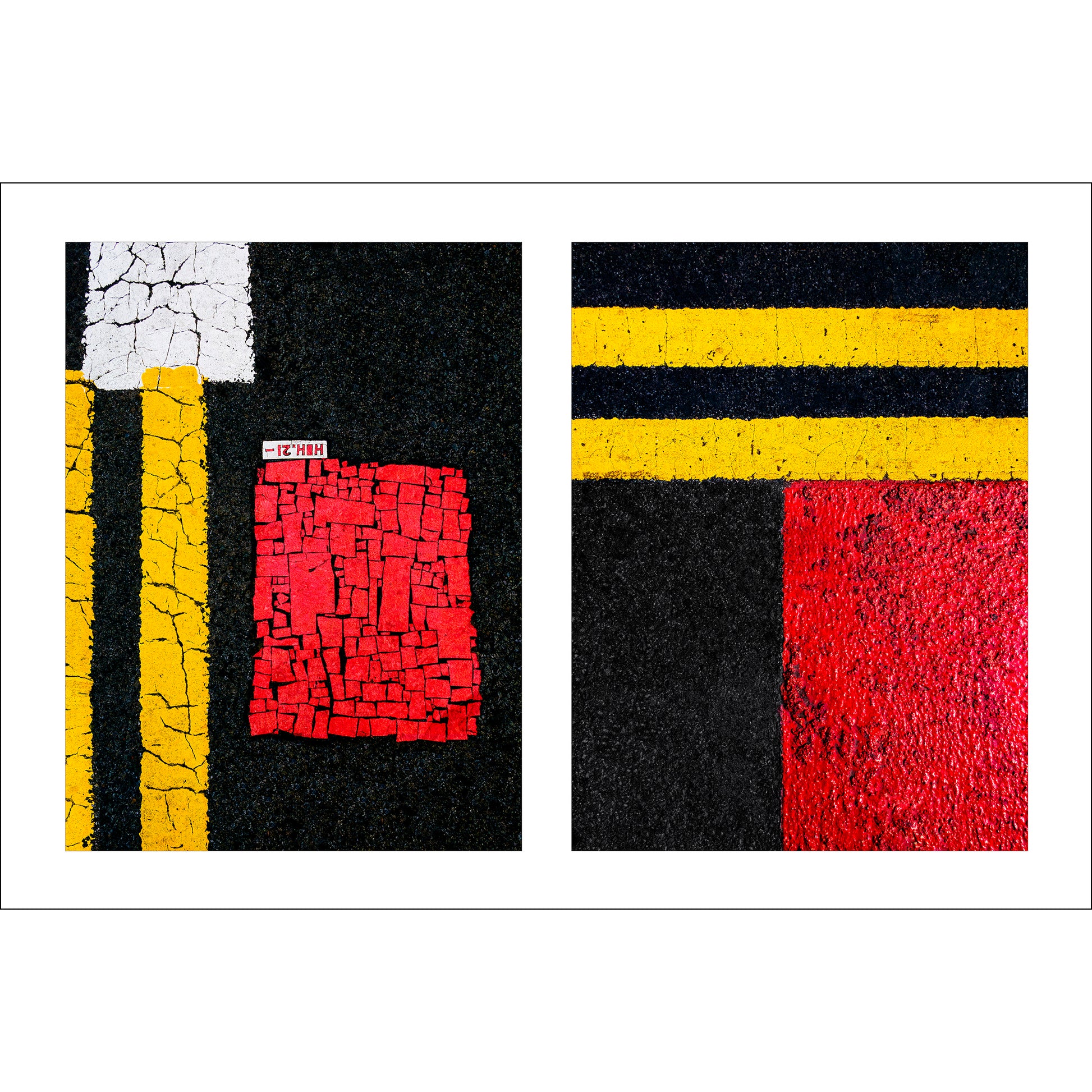 Abstract photograph diptych of street line blocks of red and yellow