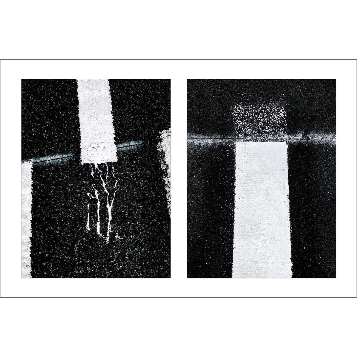 Abstract photograph diptych of white street line accidents