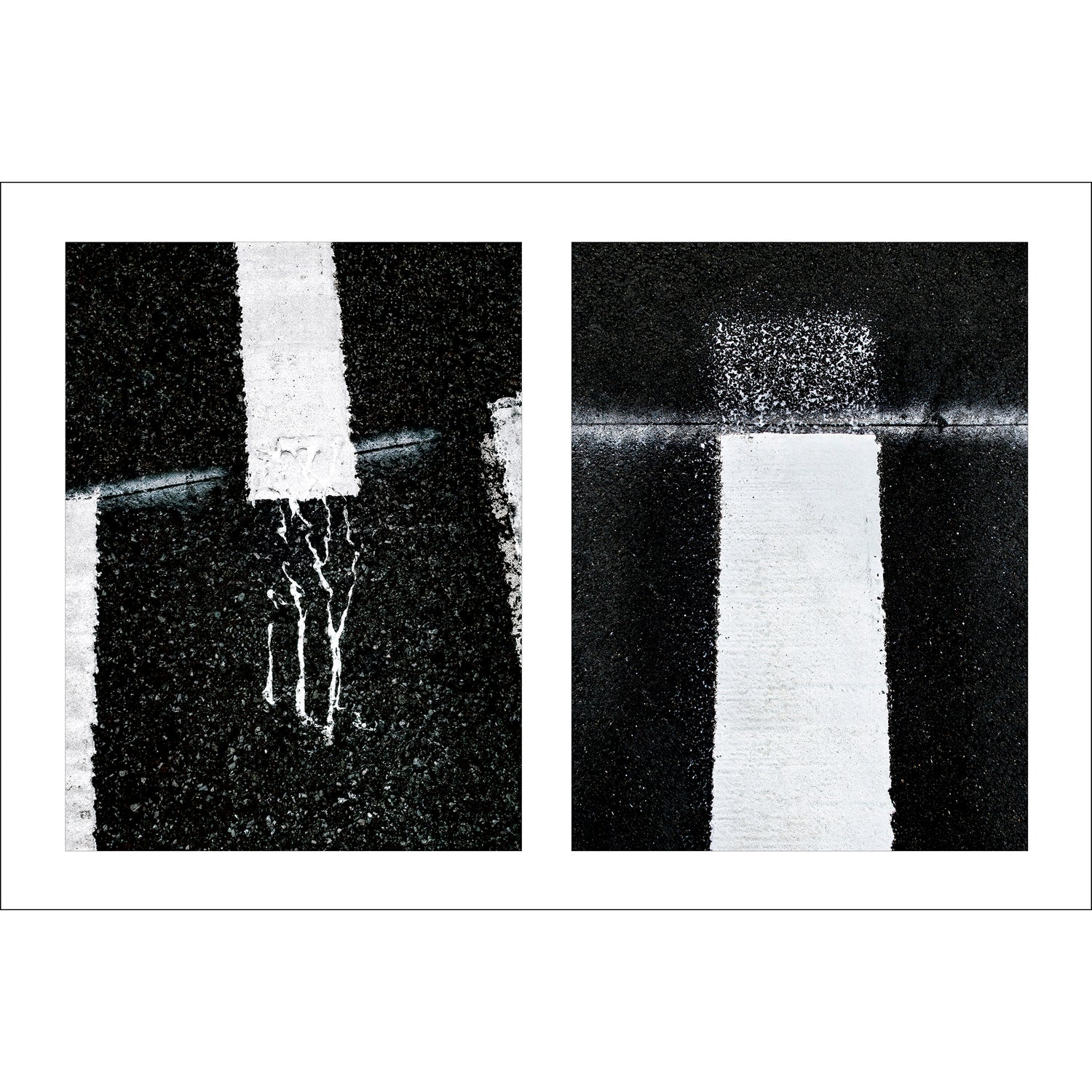 Abstract photograph diptych of white street line accidents