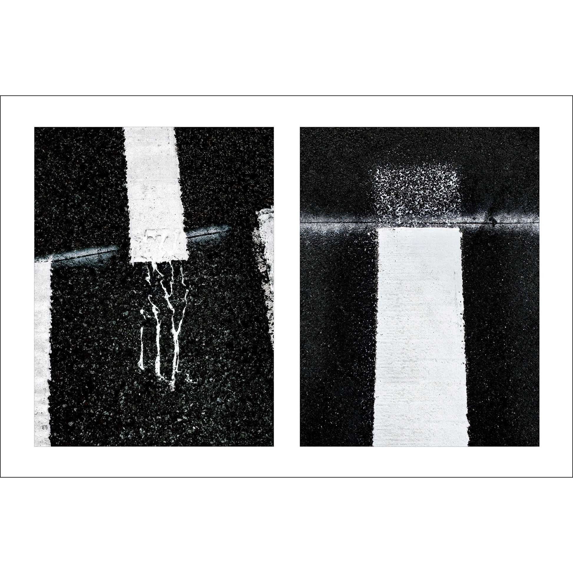 Abstract photograph diptych of white street line accidents