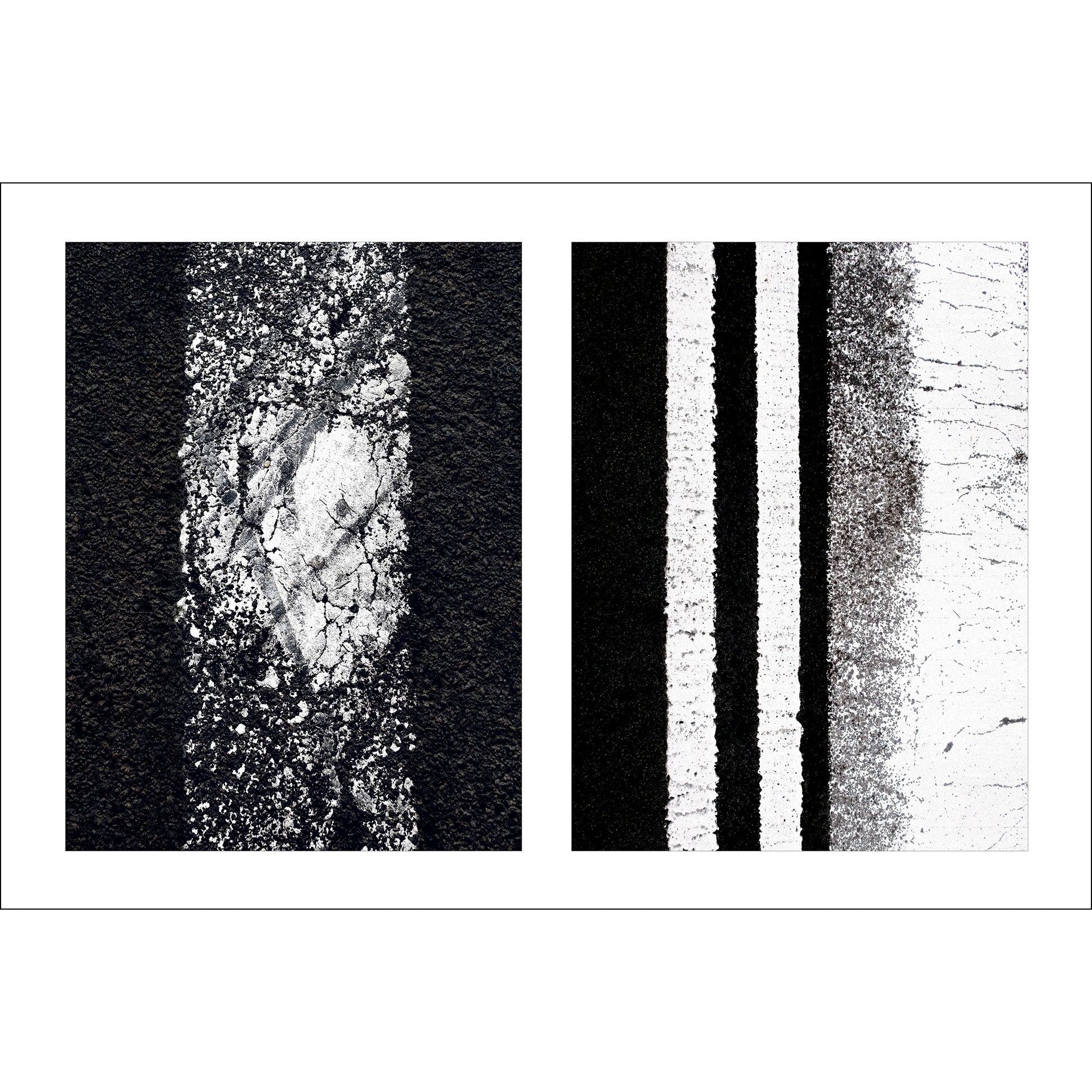 Abstract photograph diptych of worn white street lines