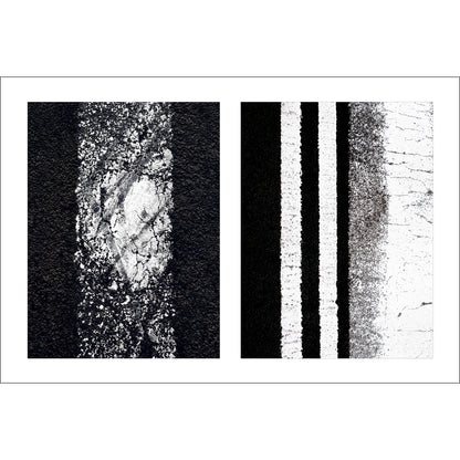 Abstract photograph diptych of worn white street lines