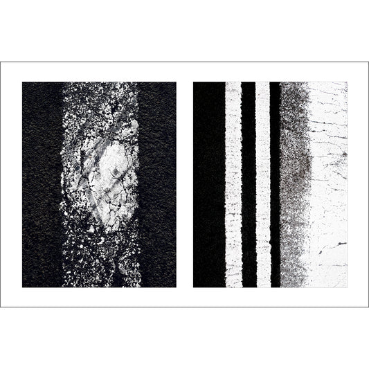 Abstract photograph diptych of worn white street lines