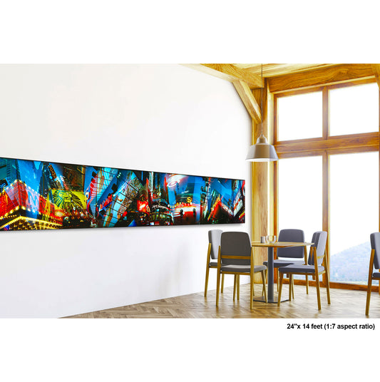 Three Kings of Times Square artwork by Susan Bowen, shown as 24" high acrylic print. Features panoramic multi-exposure photograph of Times Square at night, layering neon signs, billboards, and skyscrapers into a vibrant, saturated urban collage.