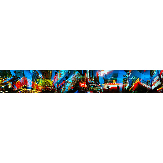Three Kings of Times Square artwork by Susan Bowen. Features panoramic multi-exposure photograph of Times Square at night, layering neon signs, billboards, and skyscrapers into a vibrant, saturated urban collage.