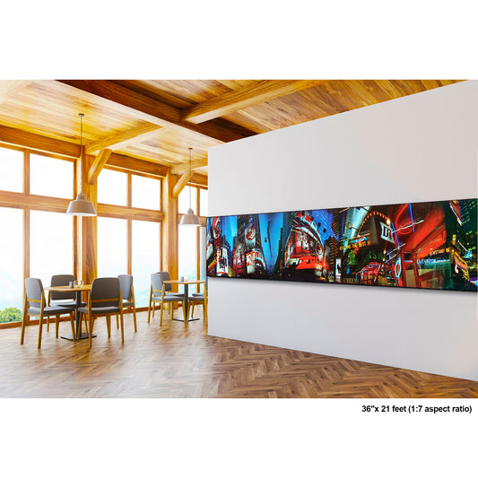 Times Square Swirls artwork by Susan Bowen, shown as 36" high acrylic print. Features panoramic multi-exposure photograph of Times Square, merging swirling neon lights, billboards, and urban reflections into an electrified nocturnal composition.