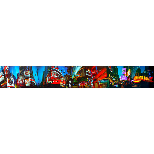 Times Square Swirls artwork by Susan Bowen. Features panoramic multi-exposure photograph of Times Square, merging swirling neon lights, billboards, and urban reflections into an electrified nocturnal composition.