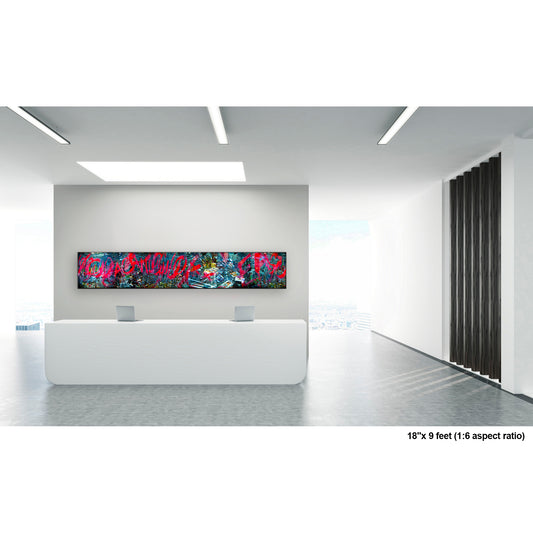 Graffiti artwork by Susan Bowen, shown as 18" high acrylic print. Features abstract panoramic photograph merging storefront lettering, reflections, and urban surfaces into a bold, graffiti-like multi-exposure composition.