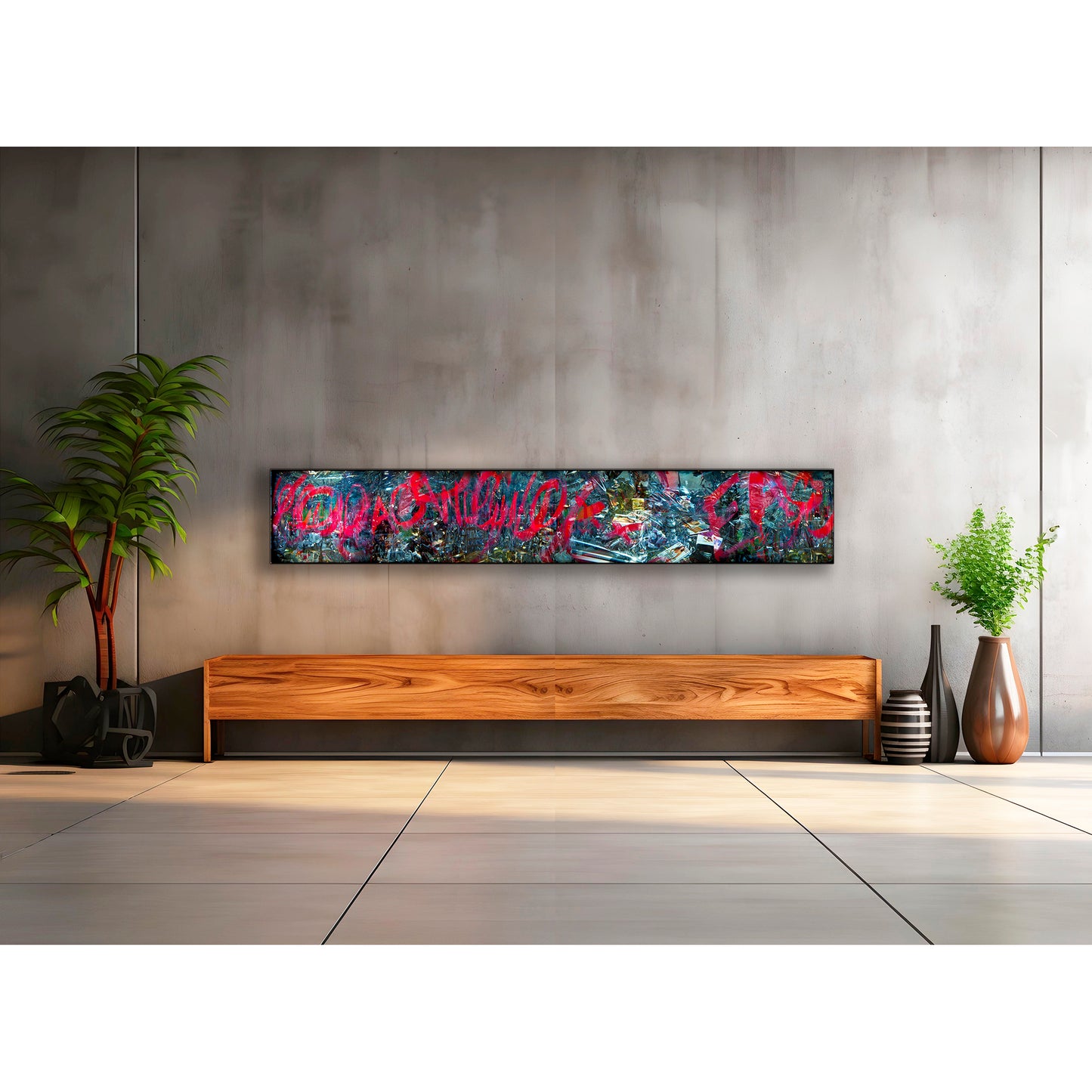 Overlapping multiple exposure shot on film of art installation appearing to be graffiti