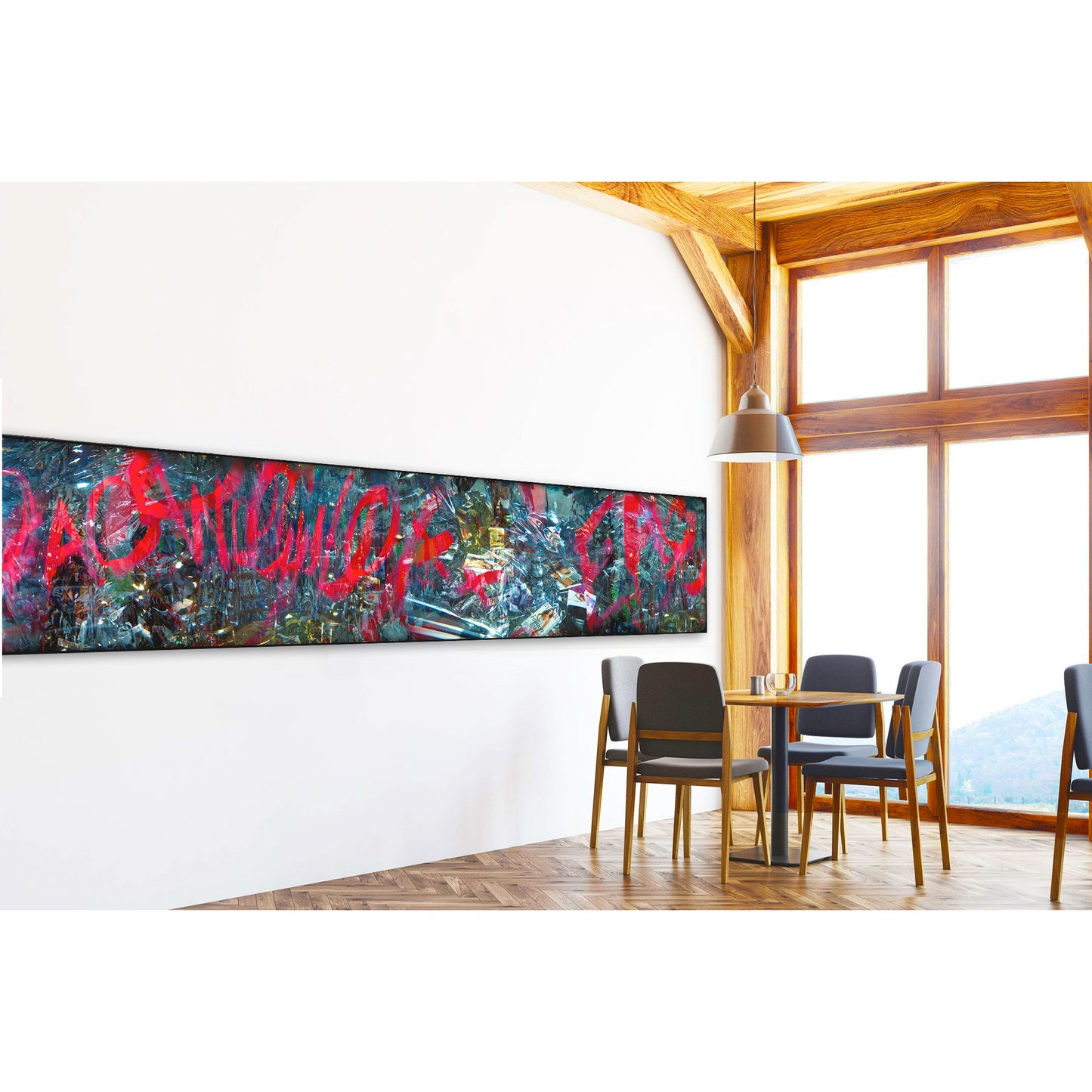 Overlapping multiple exposure shot on film of art installation appearing to be graffiti