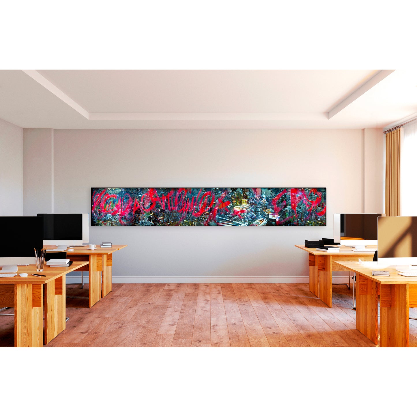 Overlapping multiple exposure shot on film of art installation appearing to be graffiti