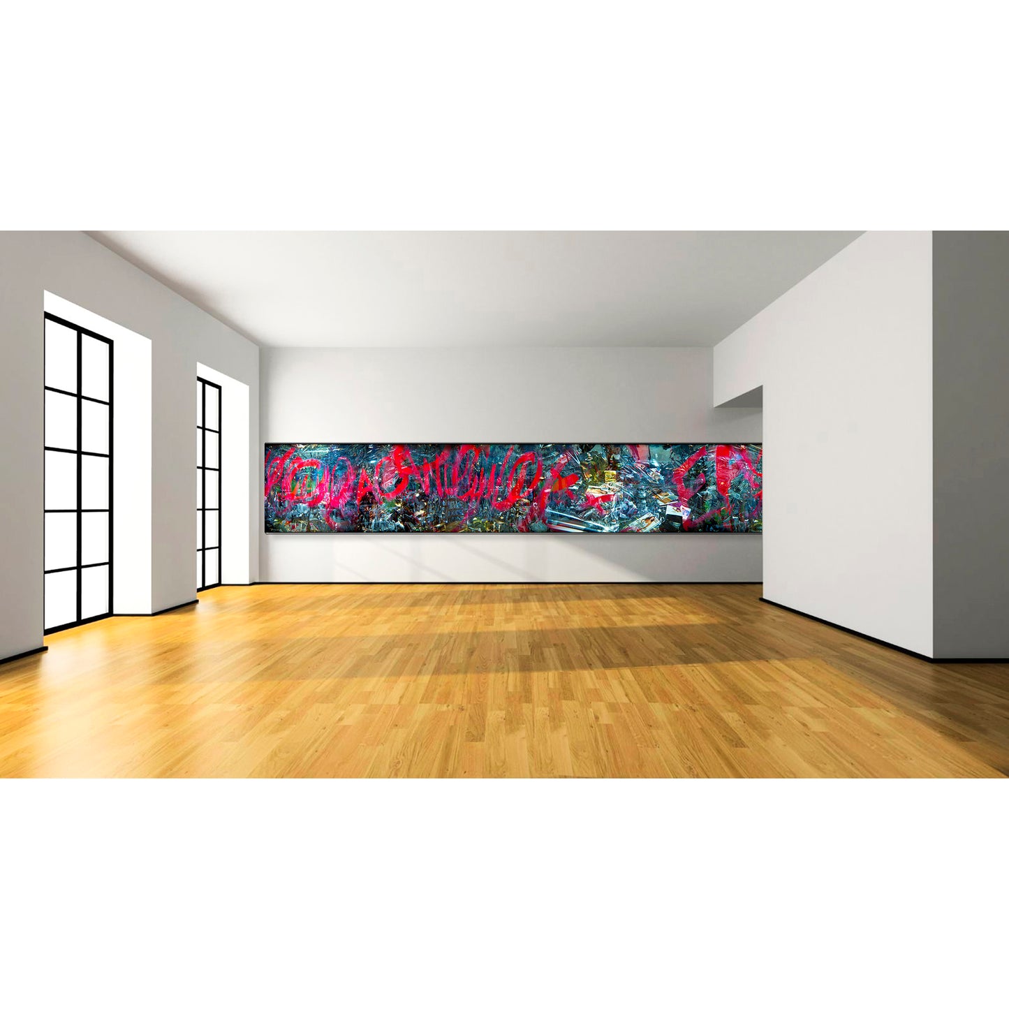 Overlapping multiple exposure shot on film of art installation appearing to be graffiti